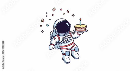 A cartoon astronaut in a white and red spacesuit holds a birthday cake with a lit candle amidst colorful floating shapes on a plain white background.