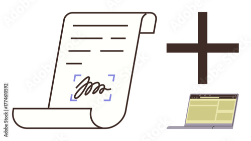 Contract with handwritten signature on scroll beside laptop and plus sign, symbolizing e-signatures, virtual agreements, technology. Ideal for digital contracts, online signing, remote work, legal