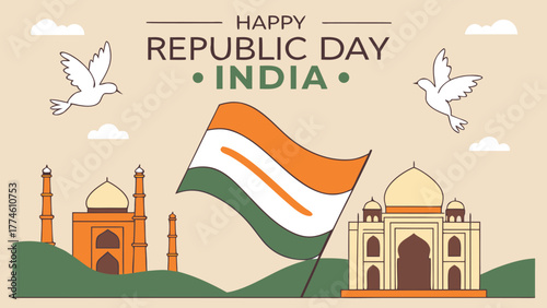 Celebrating indias republic day with a vibrant illustration featuring the national flag waving proudly amidst iconic landmarks and soaring doves, symbolizing freedom and unity