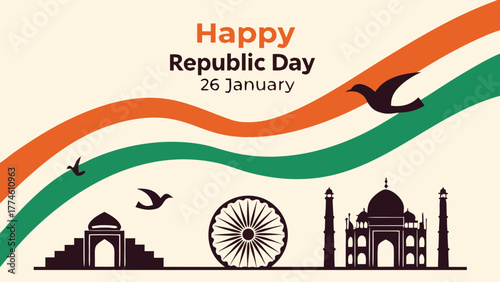 Honoring indias republic day with an artistic representation featuring the tricolor, iconic structures, and soaring birds, capturing the essence of national pride and progress