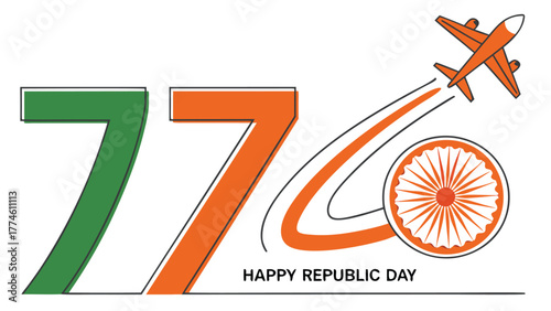 Vibrant republic day design featuring tricolor 77 with airplane and ashoka chakra, celebrating indias 77th republic day