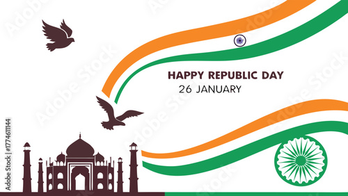 Elegant illustration for india republic day celebration with taj mahal, tricolor flag, ashoka chakra, and flying birds