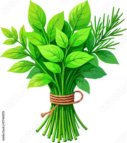 Bunch of fresh green herbs tied together, symbolizing organic health, cooking ingredients, and the beauty of nature’s aromatic bounty