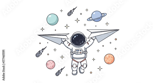 Illustration of an astronaut in a spacesuit flying through space with planets, stars, and spacecraft.