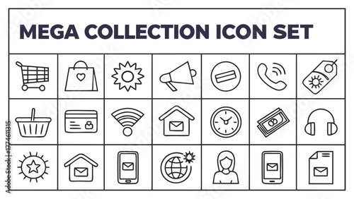 Mega collection icon set, featuring a variety of essential symbols for business, shopping, communication, and everyday life