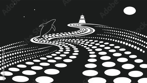 A black and white illustration of a dolphin jumping over a dotted road leading to a lighthouse under the moon and stars, creating a surreal landscape