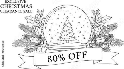 Christmas clearance sale with snow globe and holly leaves