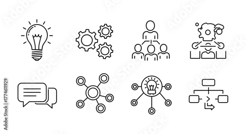 Comprehensive collection of business process and innovation line icons representing strategy, communication, teamwork, and idea generation for modern organizational development