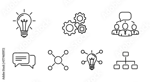 Business icons representing ideas, communication, teamwork, and organization