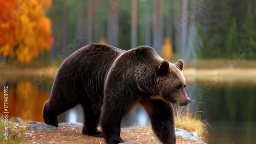 Brown bear standing near calm water surface and forest backdrop