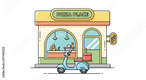 Illustration of a blue scooter parked outside a pizza place with a green door and orange accents on a white background.
