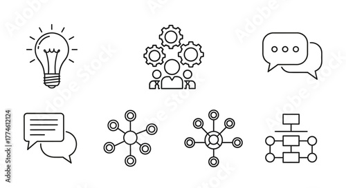 Collection of Business and Technology Icons Representing Collaboration, Communication, and Ideas