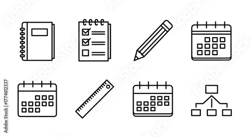 Collection of icons representing planning, organization, and time management tools, including calendars, notebooks, rulers, and flowcharts for project management and productivity