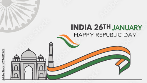 Happy republic day india 26th january with taj mahal, ashoka chakra, and indian flag colors on a