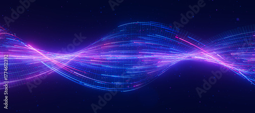 Bigdata light speed twisted flow. Abstract digital data stream of quantum computing. Cyberspace of qubit trail waves. Modern tech information transmission.