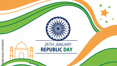 Celebrating indias republic day on january 26th with tricolor waves, ashoka chakra, and taj mahal outline