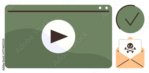 Email envelope with harmful attachment, browser window with play button, checkmark circle. Ideal for cybersecurity, online trust, caution, scams, phishing, data safety simple flat metaphor
