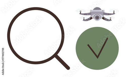 Magnifying glass, quadcopter with camera, and green circle with checkmark represent search, technology, approval. Ideal for security, inspection, verification, analytics innovation research simple