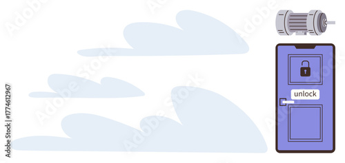 Open door with unlock sign, powered by electric motor. Ideal for technology, innovation, automation, security, accessibility, energy efficiency smart solutions. Simple flat metaphor