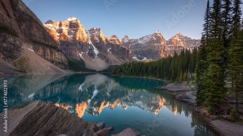 Stunning Alpine Lake with Crystal-Clear Turquoise Water Reflecting Mountain Peaks in Golden Sunrise Light, Banff National Park, Dramatic Landscape Photography