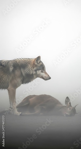 Wolf observes rabbit in misty landscape, wildlife scene.