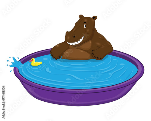 Vector design of a cartoon hippopotamus that appears to be smiling while soaking in a large bucket filled with blue water and also has yellow and orange toy ducks