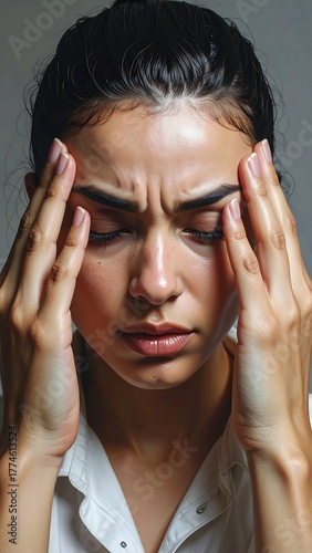 Woman experiencing intense headache and seeking relief through self-massage.