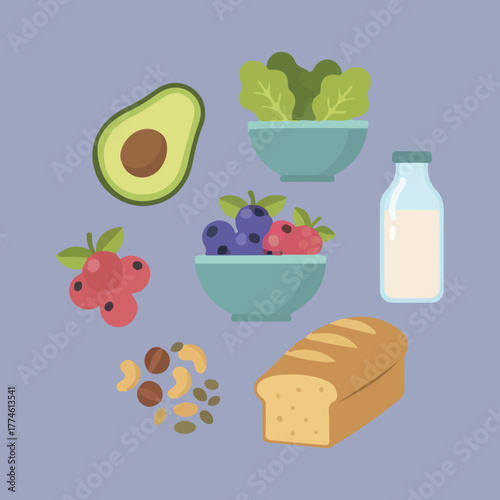 Illustration of avocado, lettuce, berries, milk, nuts, and bread on a purple background.