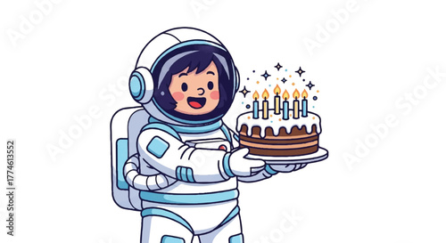 Cartoon astronaut girl holding a chocolate birthday cake with lit candles and stars, in a white spacesuit with blue accents against a clean white background.