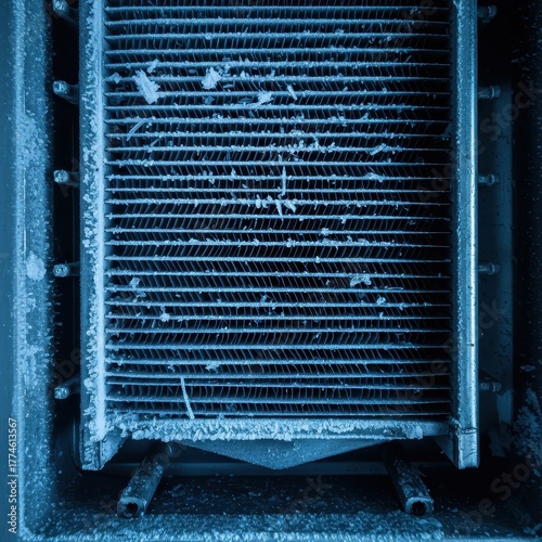 Macro view of thick frost coating the metal cooling fins and evaporator coils inside a powerful industrial blast freezer unit ,maintenance, frozen, white