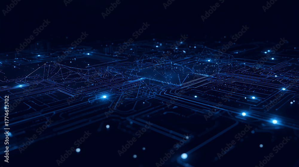 Obraz premium Futuristic Technology Circuit Board Glowing Blue Network Data Connection Digital Abstract Background