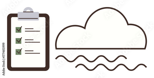 Clipboard with checklist and large cloud with wavy lines. Ideal for productivity, task organization, project planning, cloud services, technology, efficiency, management. Simple flat metaphor