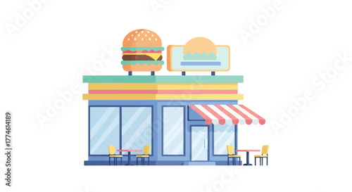 Flat illustration of a colorful fast food restaurant with a burger and sandwich on the roof and a red and white striped awning.