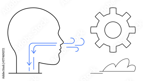 Profile of human with airflow arrows illustrating breathing linked to gear symbolizing mechanics and functions. Ideal for health, biology, anatomy, engineering, technology, innovation, simple flat