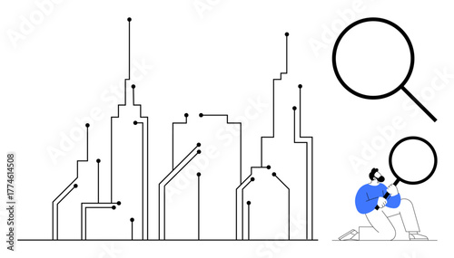 Stylized city skyline with circuit-thumbs up lines and a person analyzing with a magnifying glass. Ideal for technology, innovation, urban planning, data analysis, research, futuristic concepts