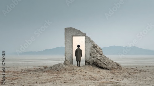 Solitary figure standing before surreal doorway in barren desert symbolizing transition and self-reflection