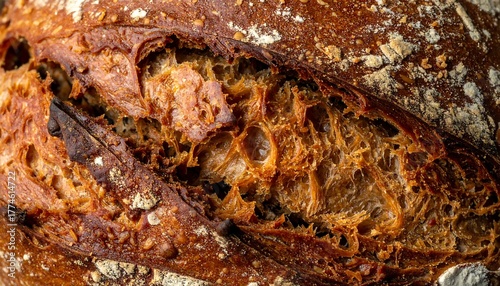 Macro shot of a freshly baked artisan loaf. Brown and golden crust reveals porous, fluffy interior. Flour dusted on the surface