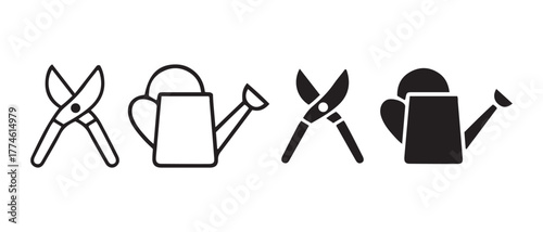 Gardening Tool Icons. Pruning Shears and Watering Can Silhouettes.