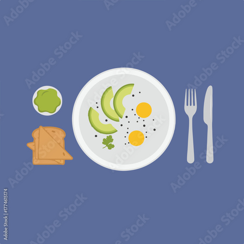 An overhead view of a breakfast plate with two eggs, avocado slices, toast, and a bowl of guacamole on a blue background, along with utensils.