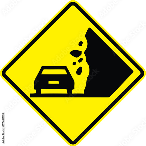 Yellow Warning Sign for Falling Rocks or Landslide, Danger of Rockfall Ahead Traffic Symbol