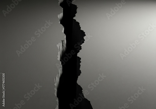 Abstract view of a pronounced, deep rift cutting through a uniform surface. This large, empty space symbolizes division, fracture, separation, and solitude, crack, chasm, space