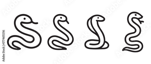 Snake Icon Set. Black Line Art Illustrations Showing Serpent Postures from Calm to Aggressive.