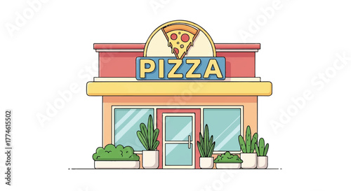 Flat illustration of a colorful pizza shop with potted plants and a sign on a white background.