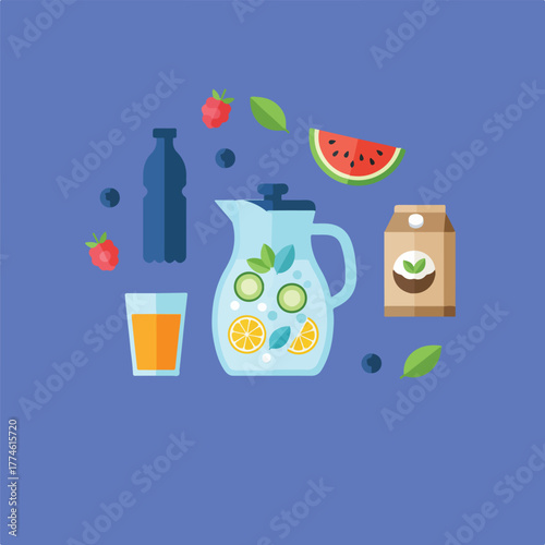 An eye-level flat vector art arrangement of a pitcher of water and other drink-related items on a blue background.