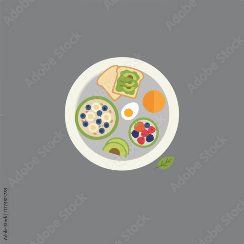 A plate with a well-balanced breakfast of toast with avocado, oatmeal with blueberries, a boiled egg, an orange and a bowl of mixed fruits.