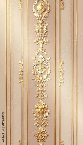 A luxurious beige wallpaper design featuring a repeating pattern of vertical stripes in varying shades of beige, some with subtle geometric golden patterns