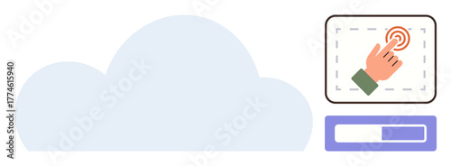 Cloud storage icon beside a stylized hand tapping a digital interface with a progress bar. Ideal for technology, cloud storage, user experience, data transfer, file upload, online tools, simple flat