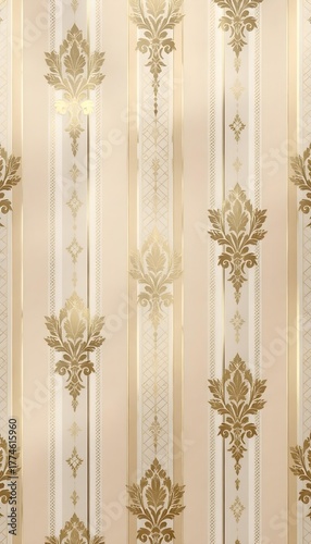 A luxurious beige wallpaper design featuring a repeating pattern of vertical stripes in varying shades of beige, some with subtle geometric golden patterns
