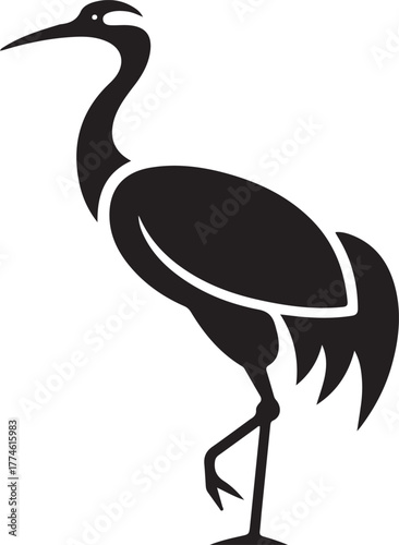 Black vector silhouette of a graceful crane bird standing on one leg isolated on a clean background