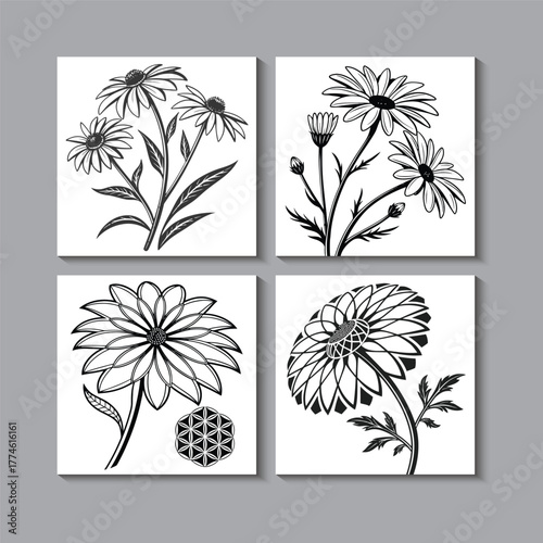 Fusion of abstract petals and stylized leaves—geometric precision meets organic rhythm in black and white